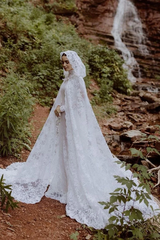 Romantic Long Mermaid White Lace Long Sleeves Backless Wedding Dress With Bridal Cape