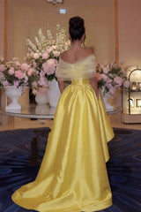 Romantic Off-the-Shoulder Satin Organza Ruffle A-Line Hi-Low Layered Party Dress