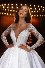 Romantic V-neck Long Sleeve Sequined Ball Gown Satin Wedding Dresses With Appliques