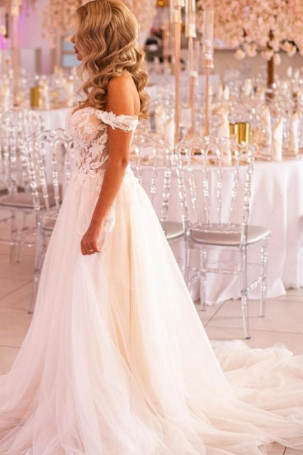 Romantic White A-Line Sweetheart Off-The-Shoulder Lace Court Train Tulle Wedding Dress With Appliques