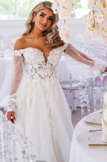 Romantic White A-Line Sweetheart Off-The-Shoulder Lace Court Train Tulle Wedding Dress With Appliques Romantic White A-Line Sweetheart Off-The-Shoulder Lace Court Train Tulle Wedding Dress With Appliques