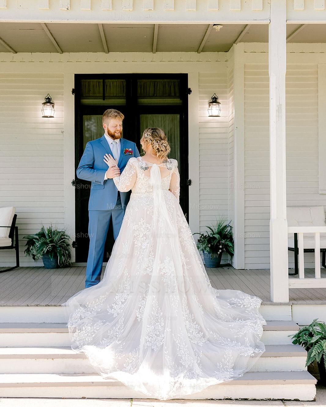 Romantic White A-Line V-Neck Long Sleeves Lace Chapel Train Wedding Dress With Appliques Romantic White A-Line V-Neck Long Sleeves Lace Chapel Train Wedding Dress With Appliques