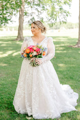 Romantic White A-Line V-Neck Long Sleeves Lace Chapel Train Wedding Dress With Appliques