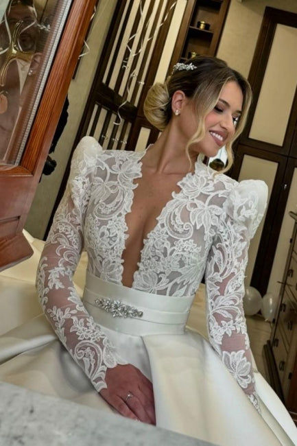 Romantic White Lace Long Sleeves V-Neck Sash Ball Gown Satin Wedding Dresses With Rhinestone