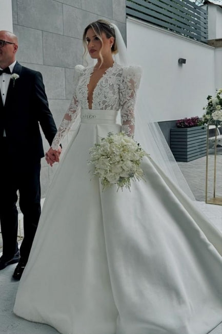 Romantic White Lace Long Sleeves V-Neck Sash Ball Gown Satin Wedding Dresses With Rhinestone