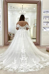 Romantic White Off-The-Shoulder Sleeveless A-line Wedding Dress with Appliques and Chapel Train