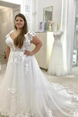 Romantic White Off-The-Shoulder Sleeveless A-line Wedding Dress with Appliques and Chapel Train