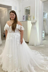 Romantic White Off-The-Shoulder Sleeveless A-line Wedding Dress with Appliques and Chapel Train
