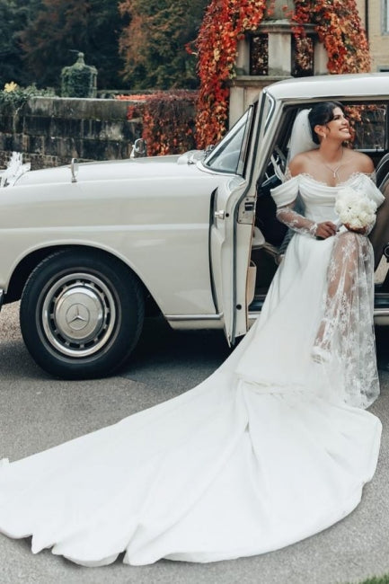 Romantic White Strapless Off-The-Shoulder A-Line Illusion Lace Sleeve Sweep Train Satin Wedding Dresses With Slit