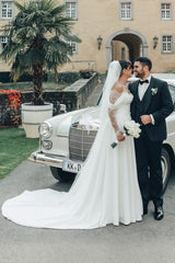 Romantic White Strapless Off-The-Shoulder A-Line Illusion Lace Sleeve Sweep Train Satin Wedding Dresses With Slit