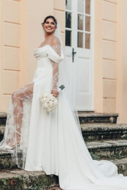 Romantic White Strapless Off-The-Shoulder A-Line Illusion Lace Sleeve Sweep Train Satin Wedding Dresses With Slit