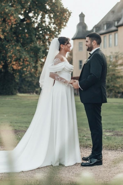 Romantic White Strapless Off-The-Shoulder A-Line Illusion Lace Sleeve Sweep Train Satin Wedding Dresses With Slit