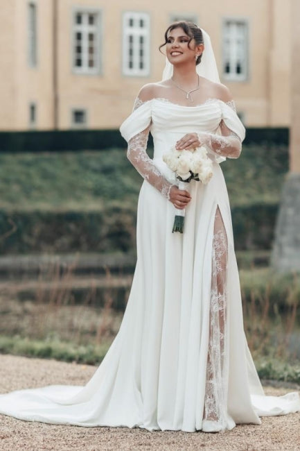 Romantic White Strapless Off-The-Shoulder A-Line Illusion Lace Sleeve Sweep Train Satin Wedding Dresses With Slit