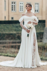 Romantic White Strapless Off-The-Shoulder A-Line Illusion Lace Sleeve Sweep Train Satin Wedding Dresses With Slit