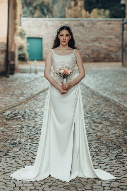 Romantic White A-Line Spaghetti Strap Square Sleeveless Ruffle Sweep Train Satin Wedding Dresses With Slit