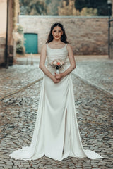 Romantic White A-Line Spaghetti Strap Square Sleeveless Ruffle Sweep Train Satin Wedding Dresses With Slit
