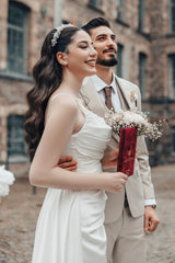 Romantic White A-Line Spaghetti Strap Square Sleeveless Ruffle Sweep Train Satin Wedding Dresses With Slit