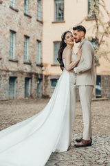 Romantic White A-Line Spaghetti Strap Square Sleeveless Ruffle Sweep Train Satin Wedding Dresses With Slit