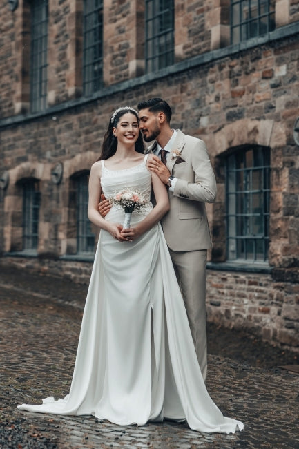 Romantic White A-Line Spaghetti Strap Square Sleeveless Ruffle Sweep Train Satin Wedding Dresses With Slit