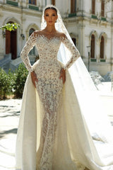 Romantic White Mermaid Sweetheart Off-The-Shoulder Long Sleeves Detachable Panel Train Lace Wedding Dresses