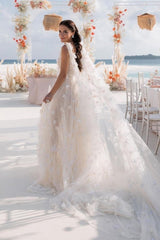 Romantic White V-Neck Lace A-Line Spaghetti Strap Sequined Sleeveless Watteau Train Long Tulle Wedding Dresses With Slit