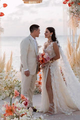 Romantic White V-Neck Lace A-Line Spaghetti Strap Sequined Sleeveless Watteau Train Long Tulle Wedding Dresses With Slit
