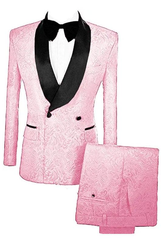 Rose Pink Double Breasted Jacquard Custom Wedding Attire With Velvet Lapel