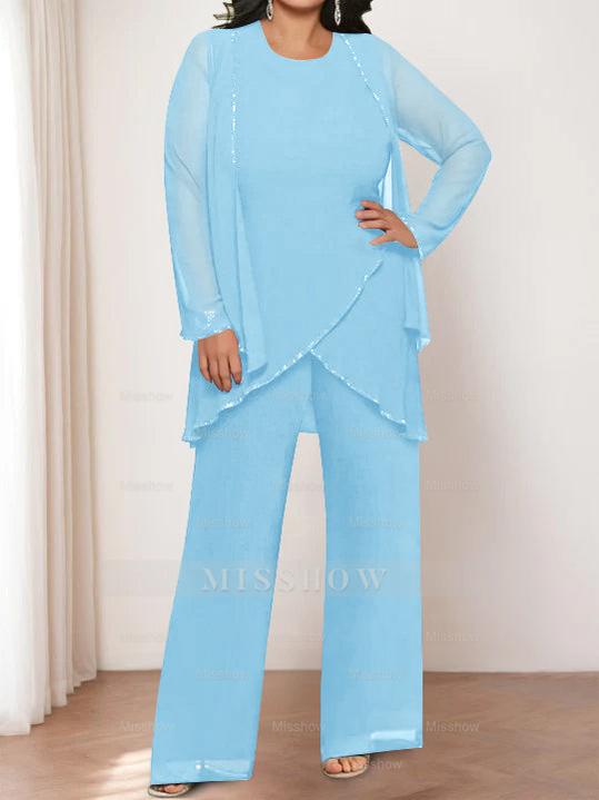 Round Neck Chiffon Pantsuits with Jacket for the Mother of the Bride