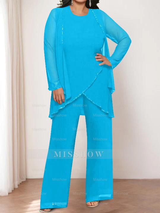 Round Neck Chiffon Pantsuits with Jacket for the Mother of the Bride