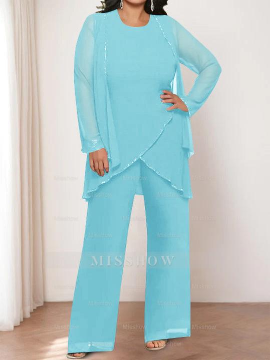 Round Neck Chiffon Pantsuits with Jacket for the Mother of the Bride