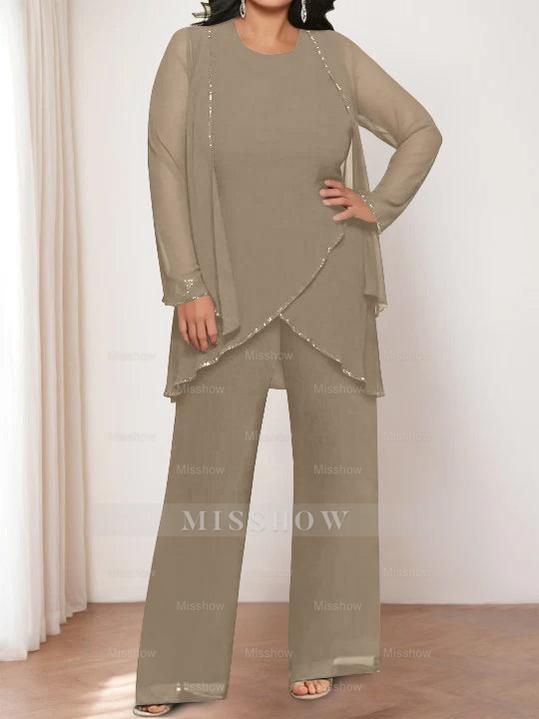 Round Neck Chiffon Pantsuits with Jacket for the Mother of the Bride