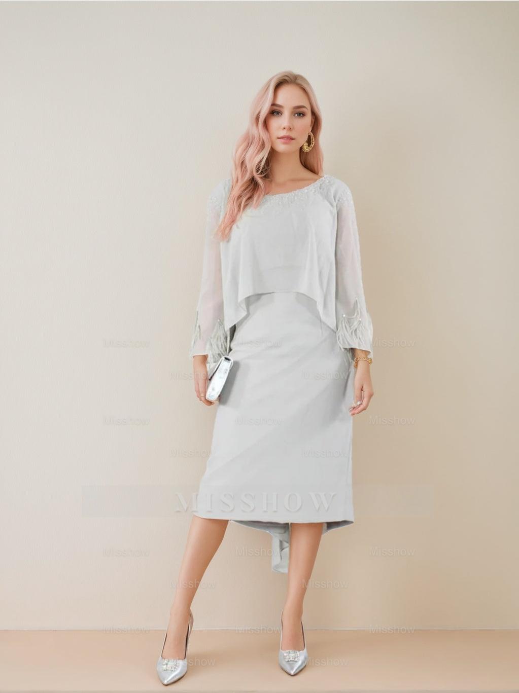 Round Neck Tea-Length Mother of the Bride Dress with Tassels and Long Sleeves