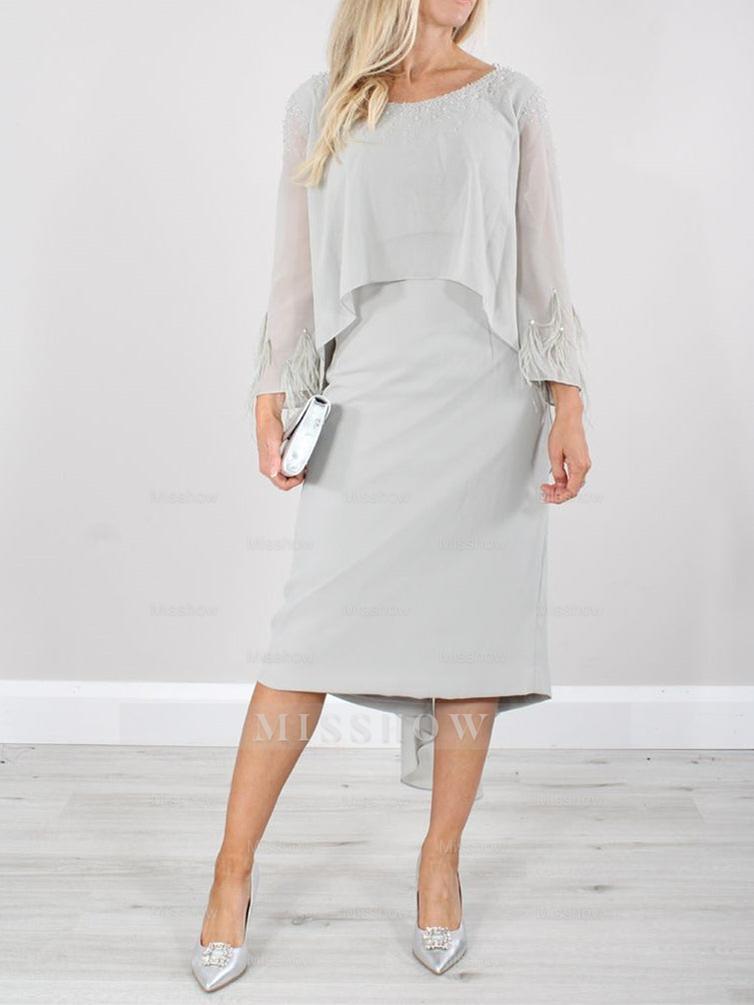 Round Neck Tea-Length Mother of the Bride Dress with Tassels and Long Sleeves