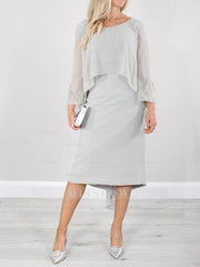 Round Neck Tea-Length Mother of the Bride Dress with Tassels and Long Sleeves