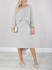 Round Neck Tea-Length Mother of the Bride Dress with Tassels and Long Sleeves