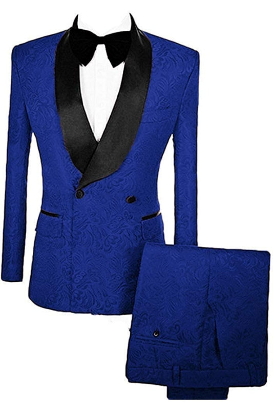 Royal Blue Double Breasted Jacquard Close-Fitting Groom's Suit With Velvet Lapel