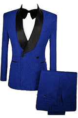 Royal Blue Double Breasted Jacquard Close-Fitting Groom's Suit With Velvet Lapel
