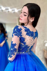 Royal Blue Illusion Sweetheart Long Sleeve Lace Applique Ball Gown Formal Evening Dress