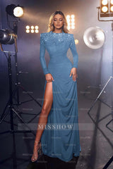 Royal Blue Jewel Formal Dress Long Sleeves With High Split Beading