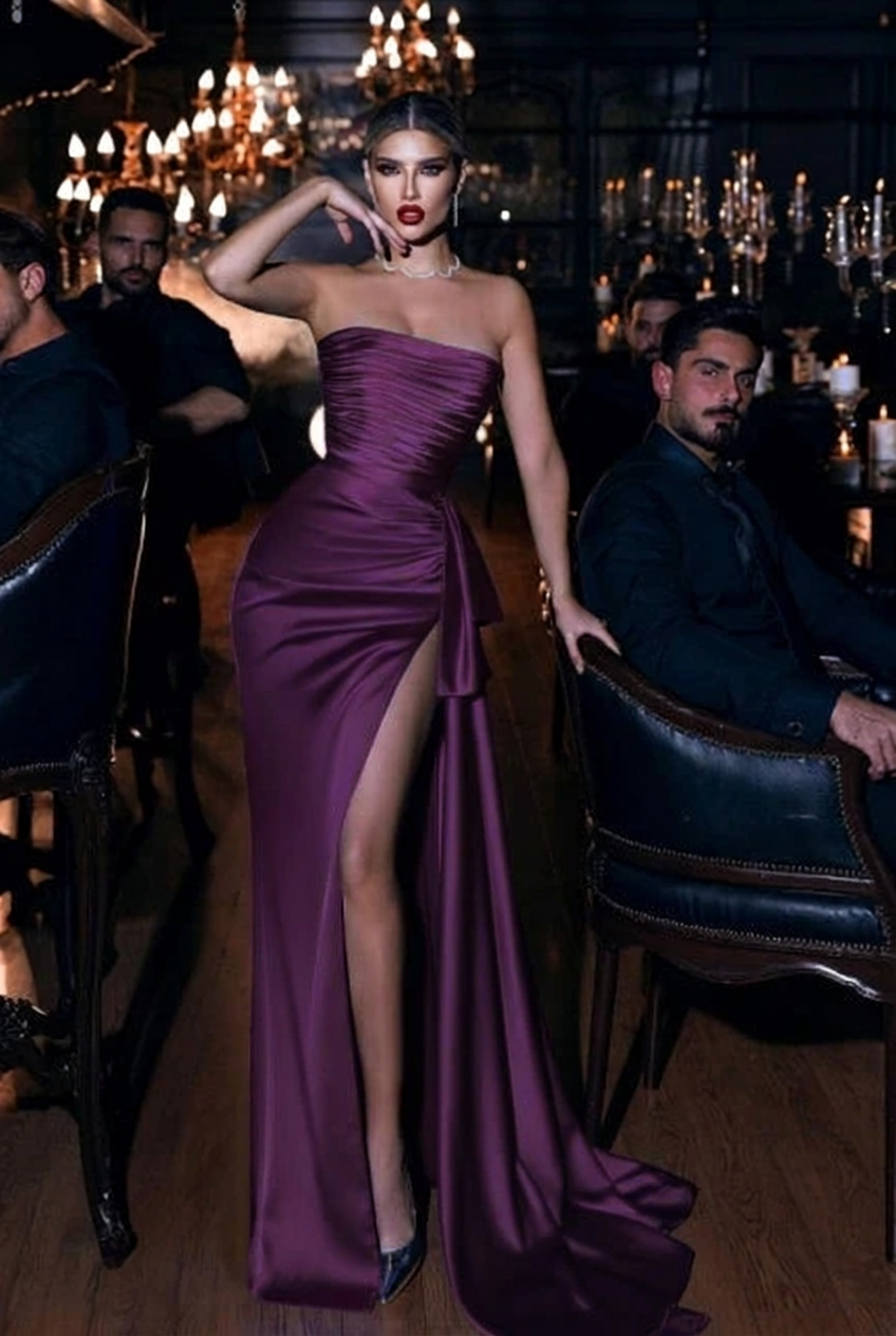 Grape strapless applique mermaid prom dress