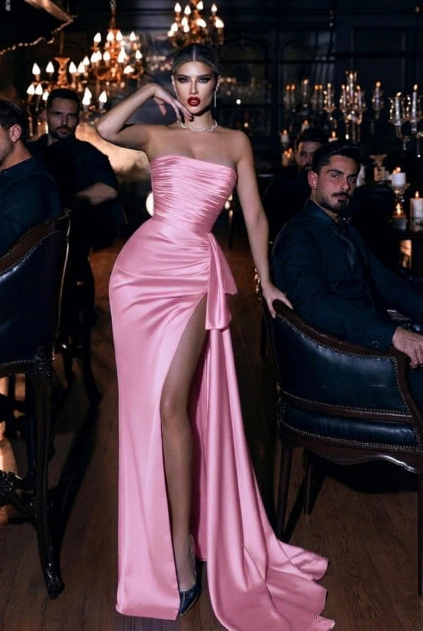 Candy pink strapless applique mermaid prom dress