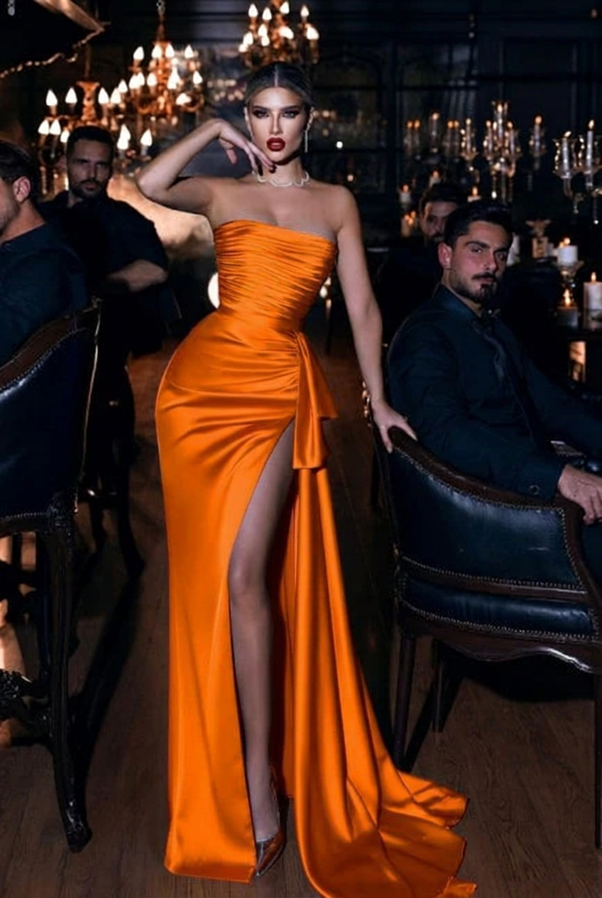 Orange strapless applique mermaid prom dress