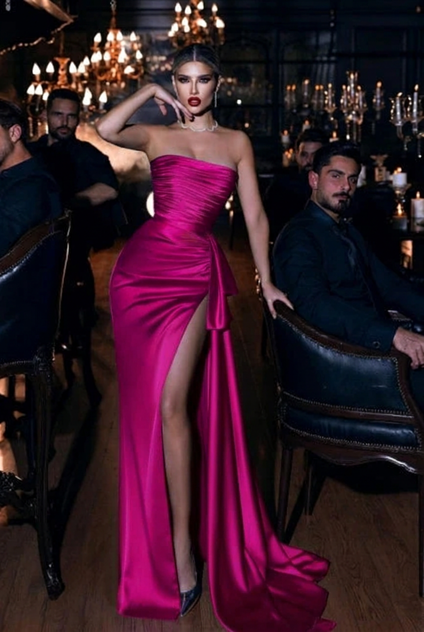 Fuchsia strapless applique mermaid prom dress
