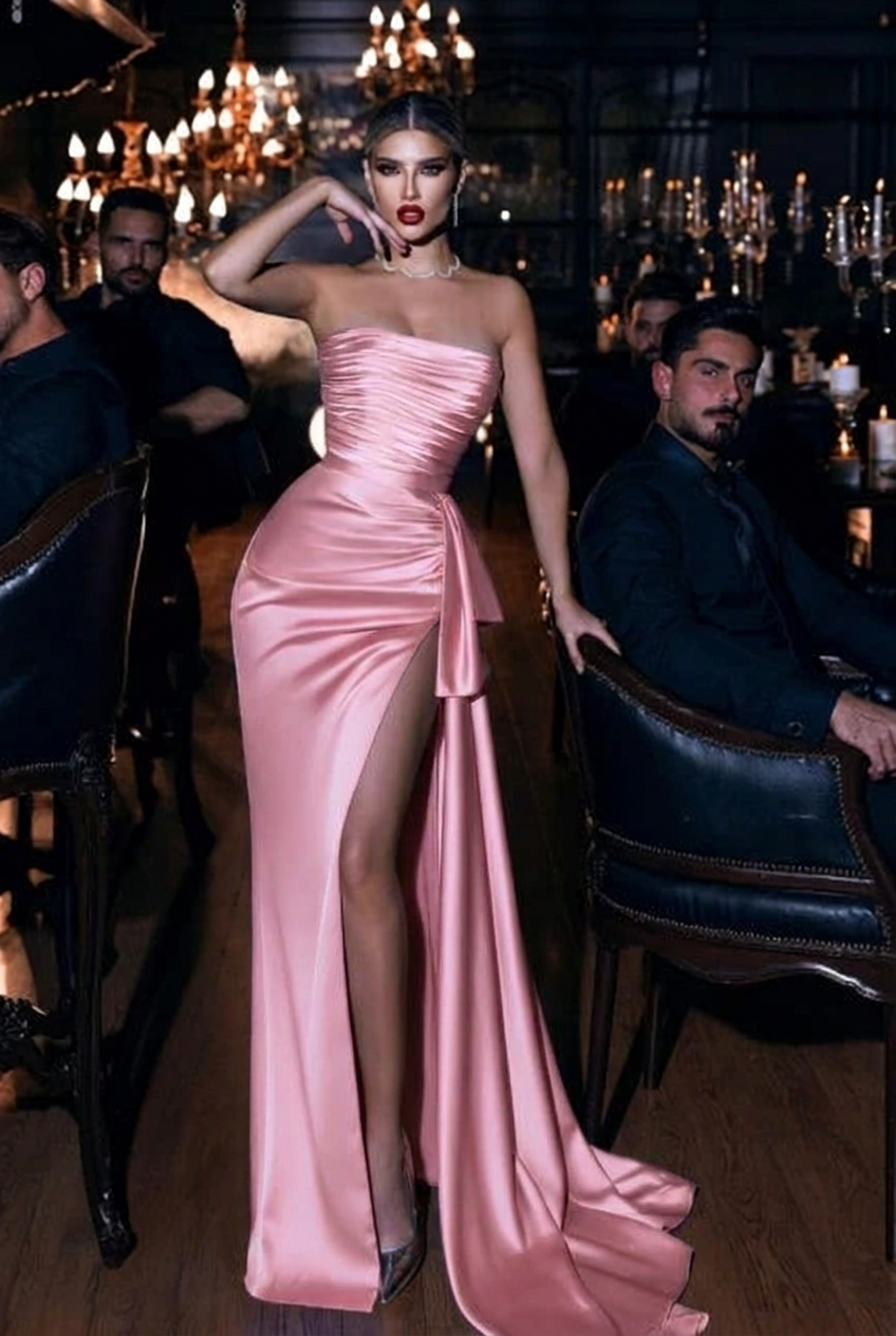 Blushing pink strapless applique mermaid prom dress