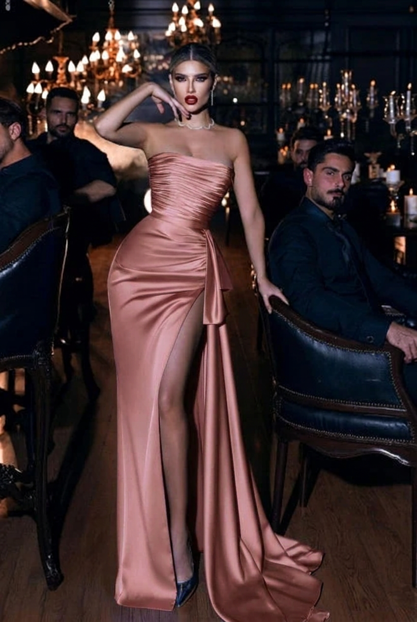 Dusty rose strapless applique mermaid prom dress