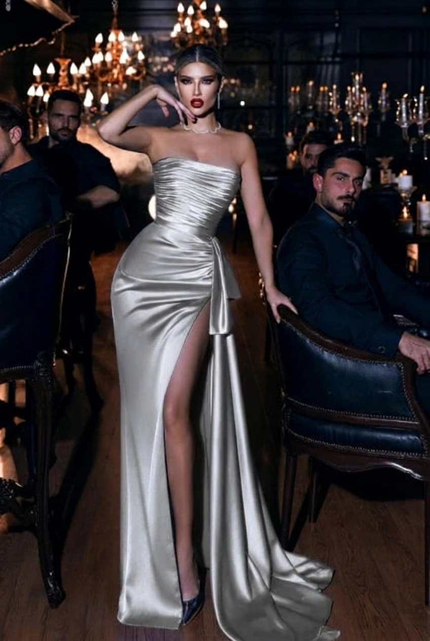 Silver strapless applique mermaid prom dress