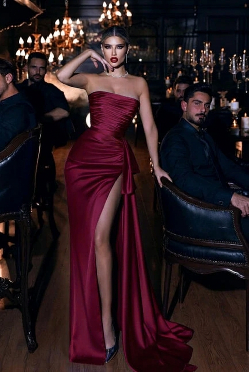 Burgundy strapless applique mermaid prom dress