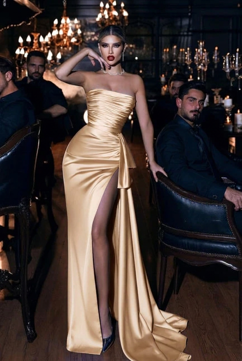 Champagne strapless applique mermaid prom dress