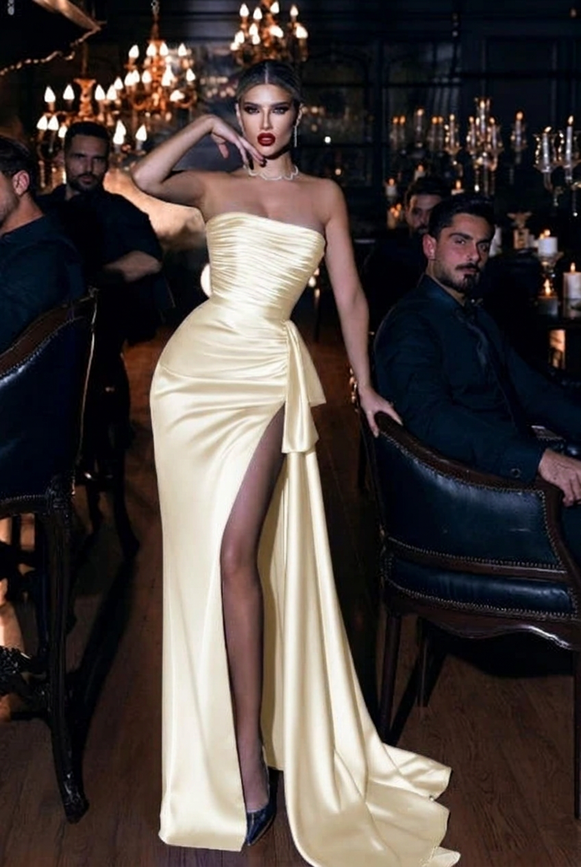 Ivory strapless applique mermaid prom dress