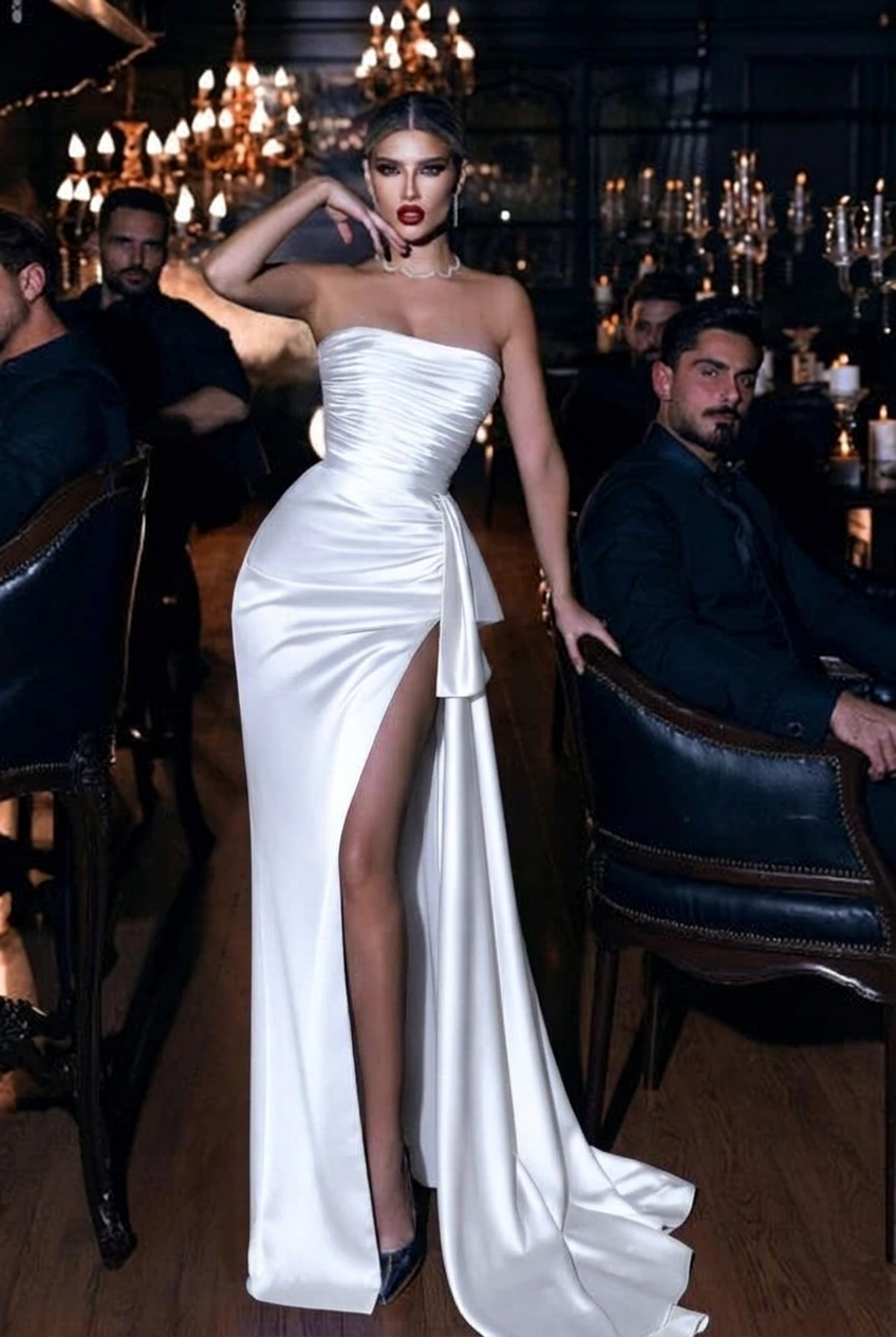 White strapless applique mermaid prom dress